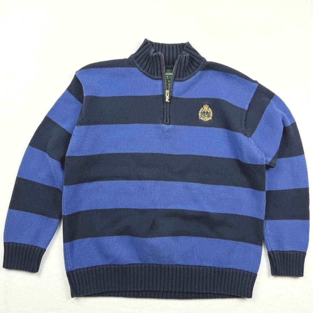 Lauren Ralph Lauren Sweater Size M Petite Blue Striped Quarter Zip Crest Cotton